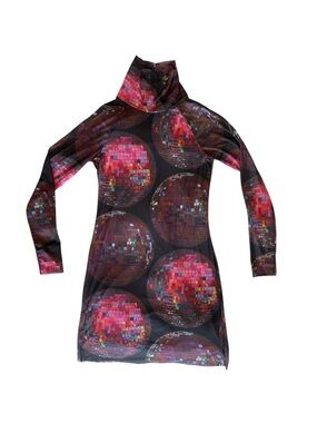 Rachel Antonoff Black Turtleneck Dress with Pink and Purple Discoball Print